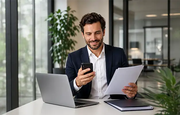 Professional gestionant documents electrònics des del mòbil en una oficina