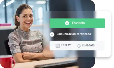 Professional in an office using a 'Sent' interface with a registered communication seal, representing legally valid registered solutions.