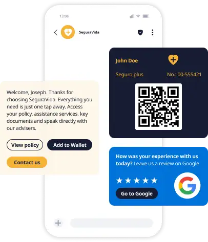 RCS message featuring quick reply buttons with actions such as call, QR code and form completion