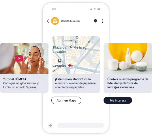 Missatge de missatgeria RCS amb contingut multimèdia com imatges, vídeo, carrusel interactiu i mapes
