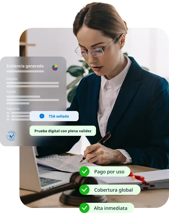 Profesional jurídico gestionando notificaciones fehacientes, firma digital e identidad electrónica en una plataforma segura